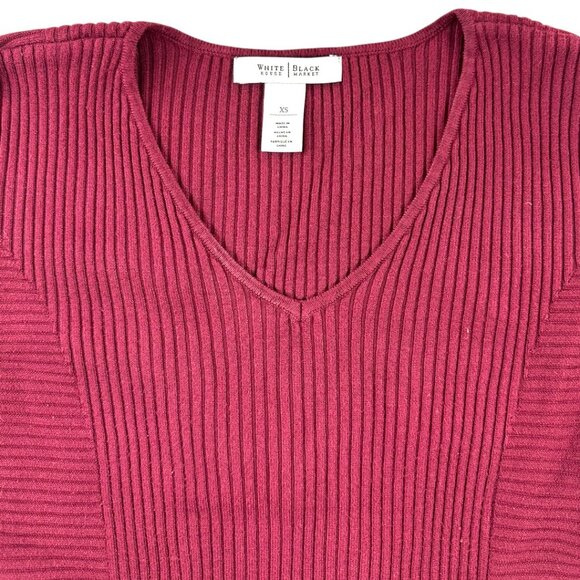 White House Black Market Burgundy V Neck Ribbed Sweater - Picture 5 of 10